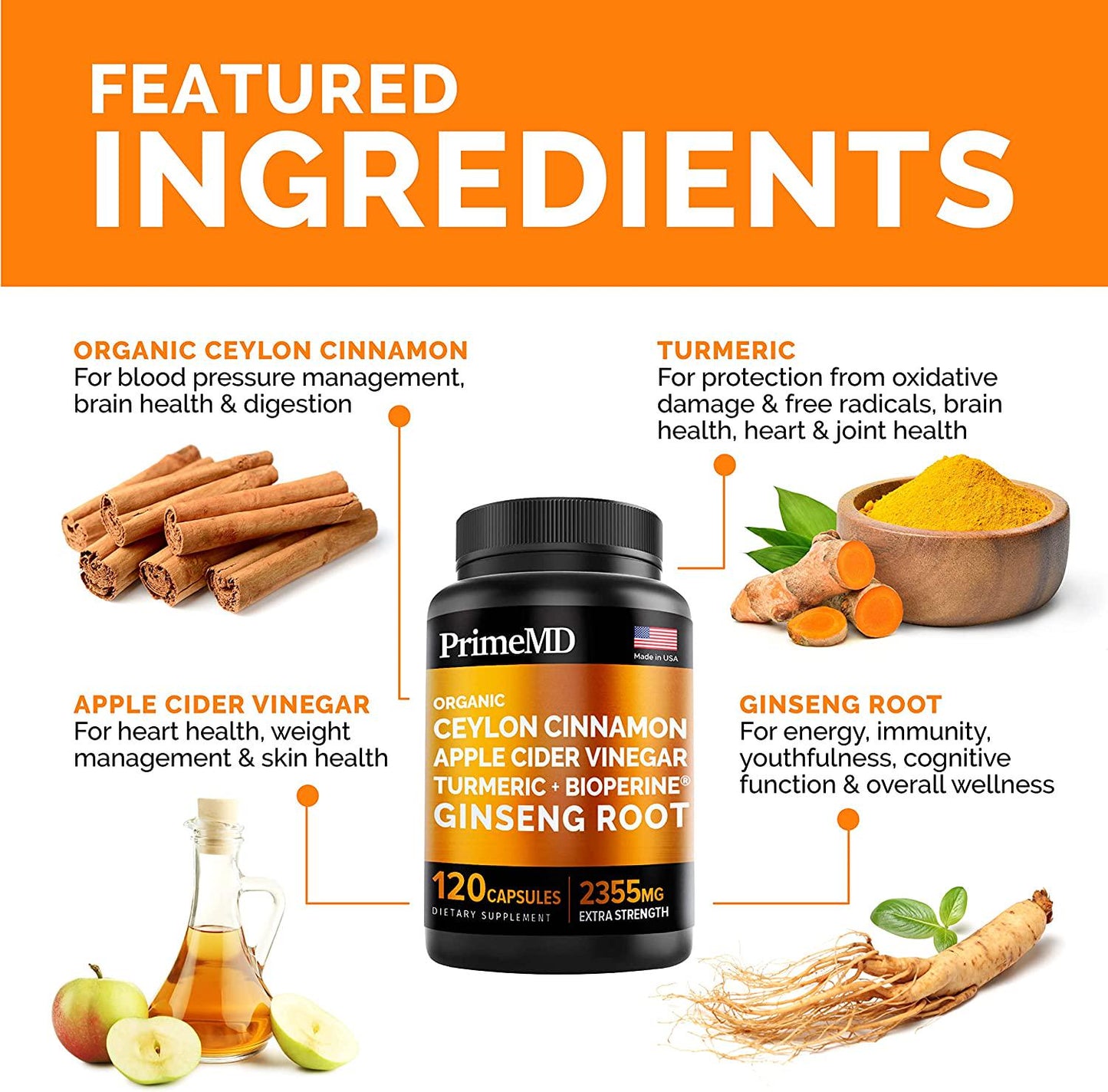 5-in-1 Organic Ceylon Cinnamon Capsules 2355mg with Apple Cider Vinegar, Turmeric, Ginseng Root Capsules, Bioperine, Glucose Metabolic Support Supplement (120 Count (Pack of 2))