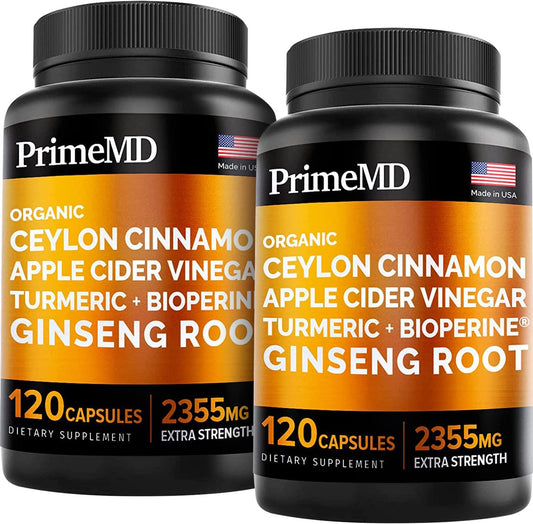 5-in-1 Organic Ceylon Cinnamon Capsules 2355mg with Apple Cider Vinegar, Turmeric, Ginseng Root Capsules, Bioperine, Glucose Metabolic Support Supplement (120 Count (Pack of 2))