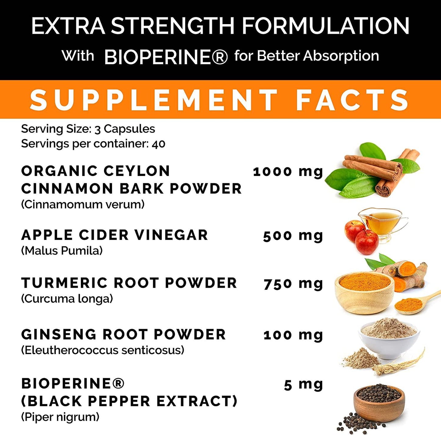 5-in-1 Organic Ceylon Cinnamon Capsules 2355mg with Apple Cider Vinegar, Turmeric, Ginseng Root Capsules, Bioperine, Glucose Metabolic Support Supplement (120 Count (Pack of 2))