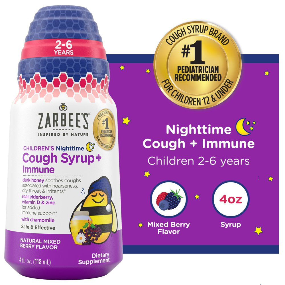 Zarbee’S Kids Cough + Immune Nighttime for Age 2-6 with Honey, Vitamin D & Zinc, Mixed Berry, 4FL Oz