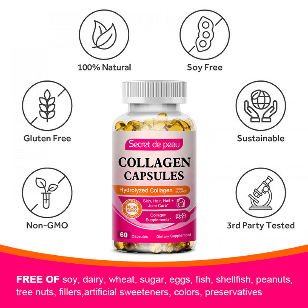 Clearance! Secret De Peau Collagen Capsules - Collagen Pills, 60 Count, for Skin, Hair, Nails & Joints, Collagen Supplements for Women & Men, Non-Gmo
