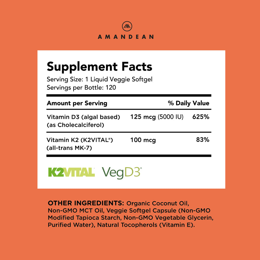 Amandean Vitamin D3 K2. Vegan D3 5000 Iu from Algae. All-Trans MK-7 K2. 120 Softgels. Plant-Based & Carrageenan Free. Organic Coconut Oil Blend. Vit D + K for Mood, Bones, Heart, Teeth, Immune Health.