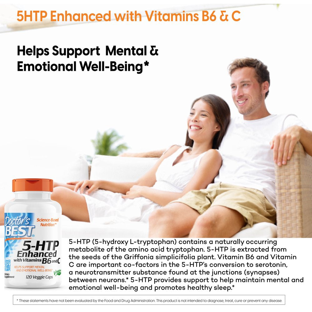 Doctor'S Best 5-HTP Enhanced with Vitamins B6 and C, Non-Gmo, Vegan, Gluten Free, Soy Free, 120 Veggie Caps