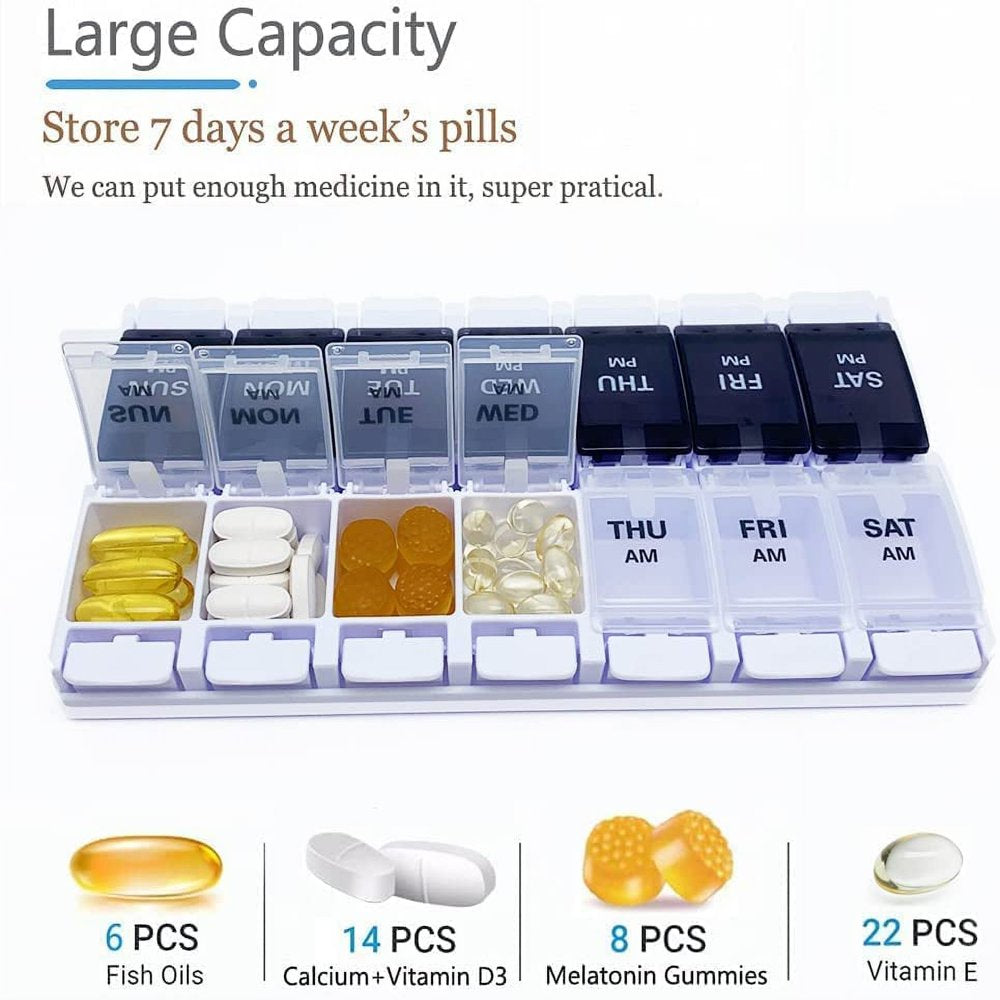 BDUN 7 Day Pill Organizer AM PM 2 Times a Day, Large Capacity Weekly Pill Box Twice Daily, Pill Case 14 Dividers Bpa-Free Medicine Organizer with Easy Push Button