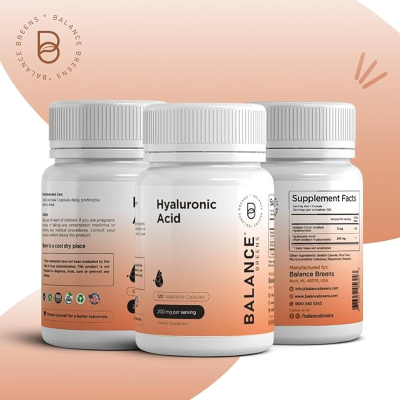 Hyaluronic Acid Skin Supplement 200Mg per Capsule, 120 Capsules, 4 Months Supply - Promotes Skin Hydration, anti Aging, Joint Support Supplement, Bones and Connective Tissue | Non-Gmo and Gluten Free