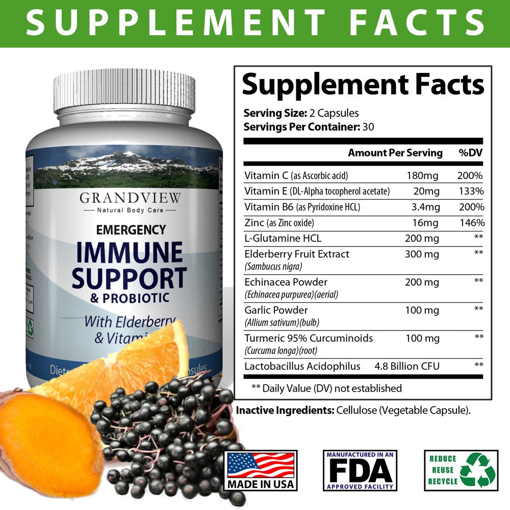 Emergency Immune Support & Probiotic with Elderberry & Vitamin C - 10 Immune Boosting Ingredients. Powerful Antioxidant, Supports Digestive Health.