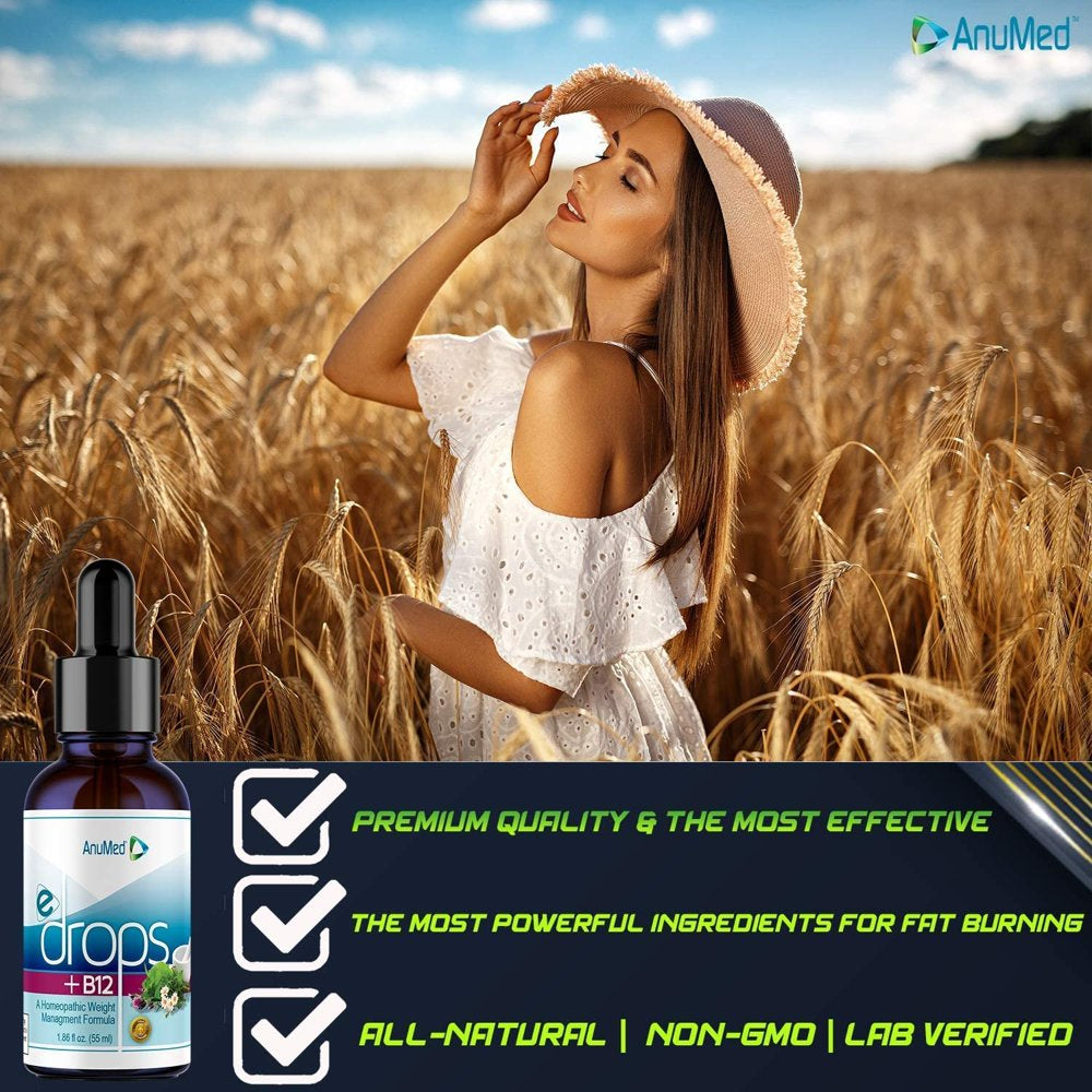 Anumed E-Drops+B12 Premium Fast Fat Burner Metabolism & Energy Booster Control Hunger Super Fast Transformation Healthy Weight Loss Drops All Natural Vegan & Keto Friendly for Women & Men 2Oz