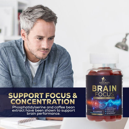 Brain Supplement Gummies for Focus & Memory Support - Nootropic Brain Vitamin Gummy to Support Concentration, Brain Health & Energy with B12, Phosphatidylserine, Brain Memory Supplements - 60 Gummies