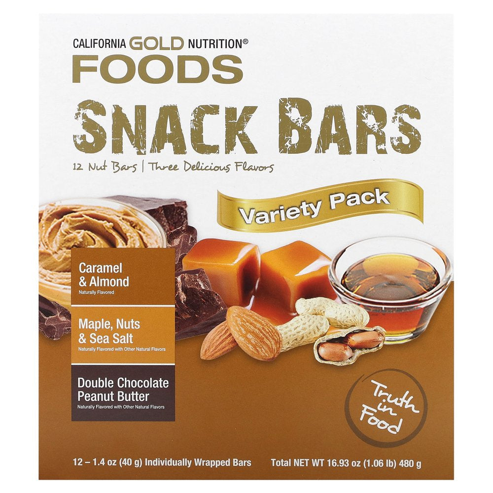 California Gold Nutrition FOODS - Variety Pack Snack Bars (Maple, Caramel, Peanut Butter), 12 Bars, 1.4 Oz (40 G) Each