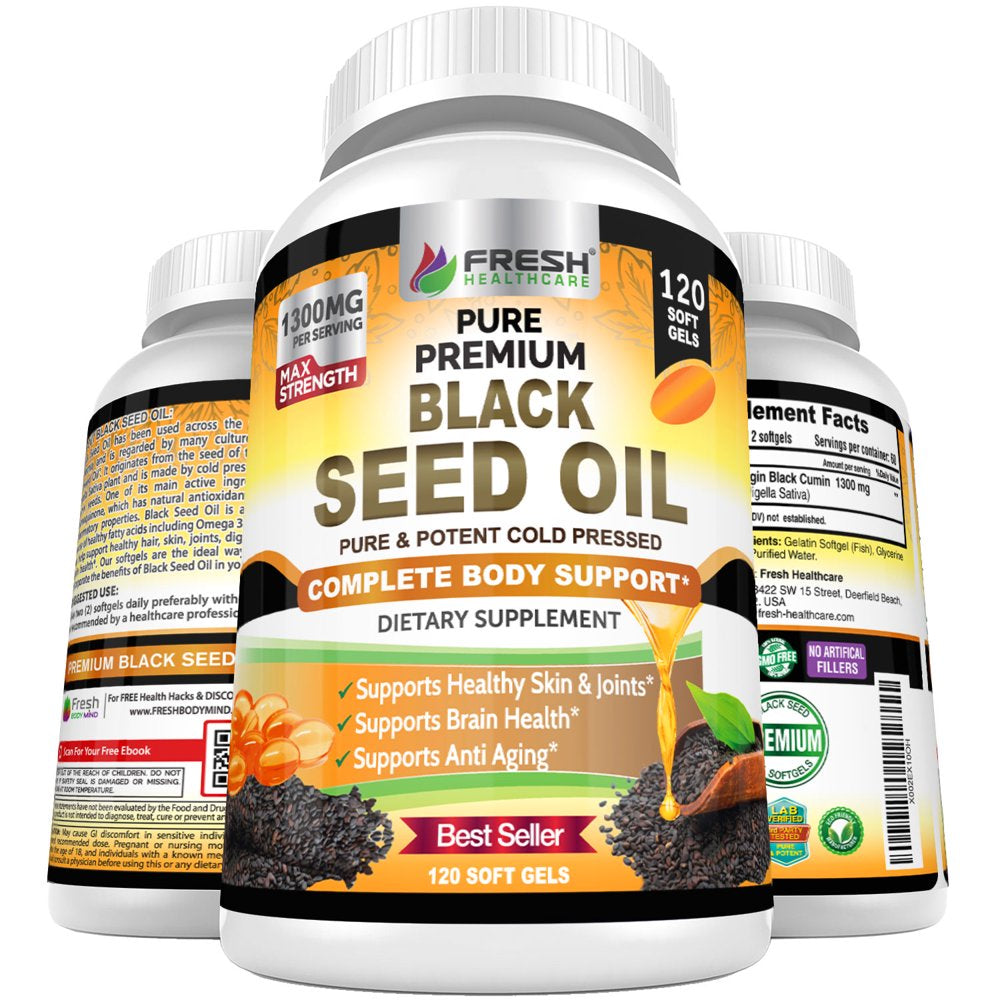 Black Seed Oil Pills Cold Pressed 1300Mg per Serving, 100% Pure & Premium Non-Gmo Nigella Sativa Black Cumin Seed Oil, Supports Immune System, Joint & Skin Health - 120 Liquid Softgel Capsules