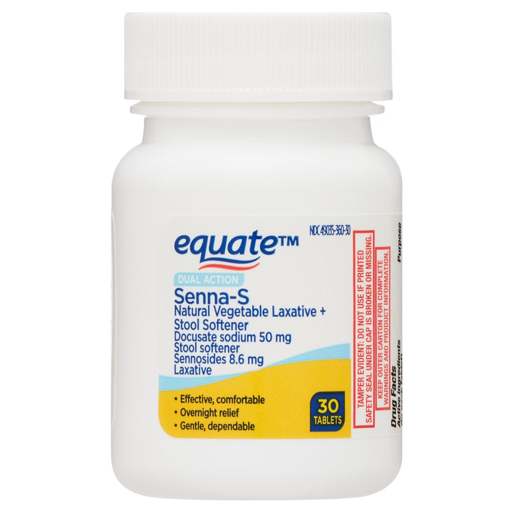 Equate Dual Action Senna-S Natural Vegetable Laxative + Stool Softener Tablets for Constipation, 30 Count