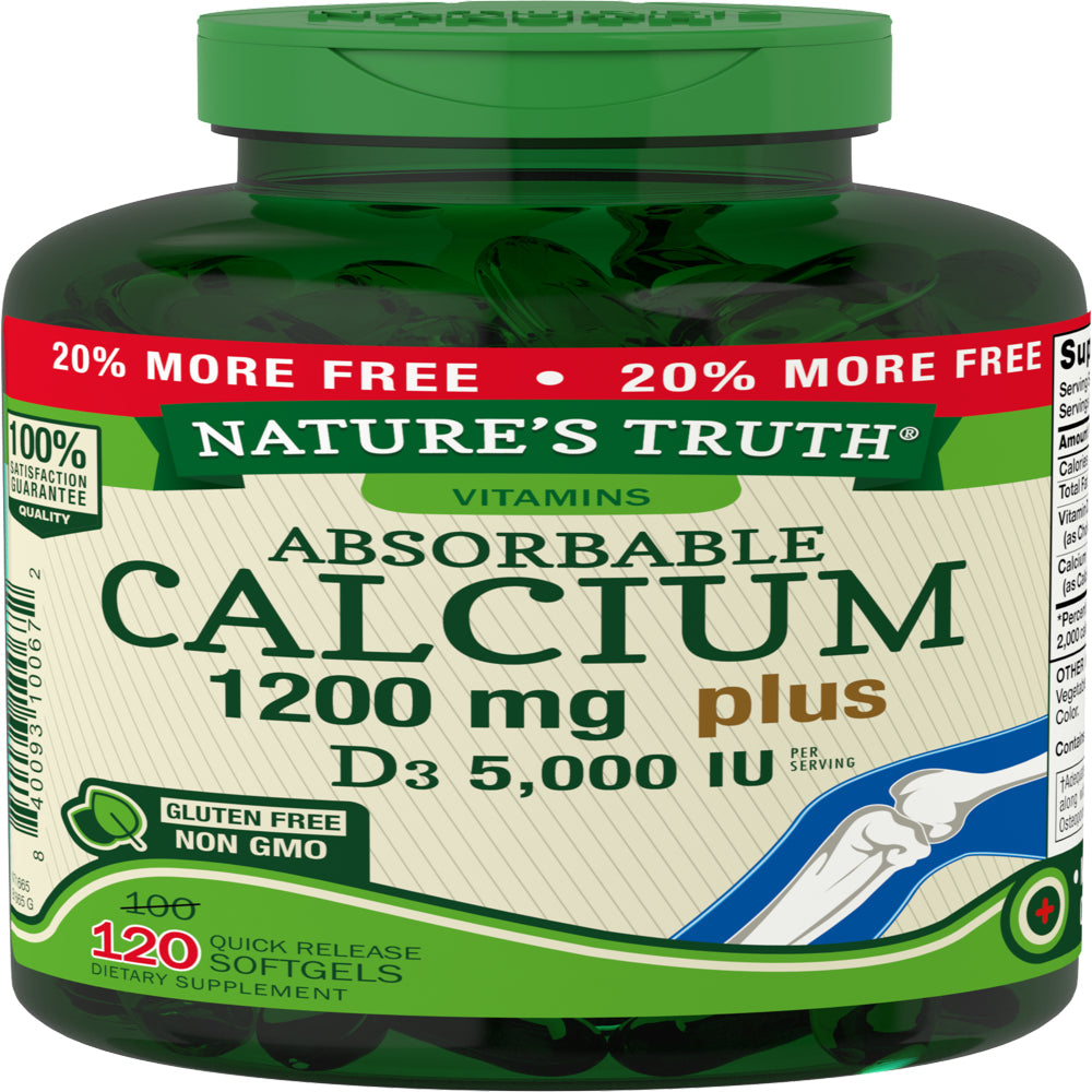 Absorbable Calcium 1200 Mg with Vitamin D3 5000 IU | 120 Softgels | Calcium Carbonate Supplement | Nature'S Truth