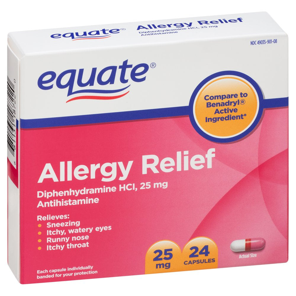 Equate Diphenhydramine Allergy Relief Capsules, 25 Mg, 24 Count