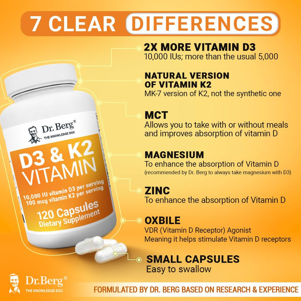 Dr. Berg D3 & K2 Vitamin Supplement for Heart and Bone Health, 120 Capsules