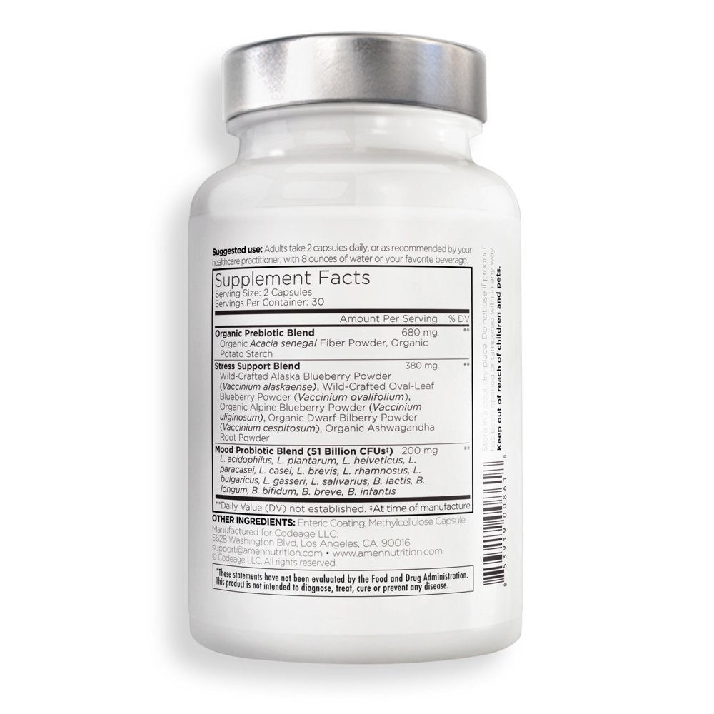 Amen Mood Probiotic +, Organic Prebiotics, 51 Billion Cfus, Ashwagandha, Blueberries, Non-Gmo, 60 Ct