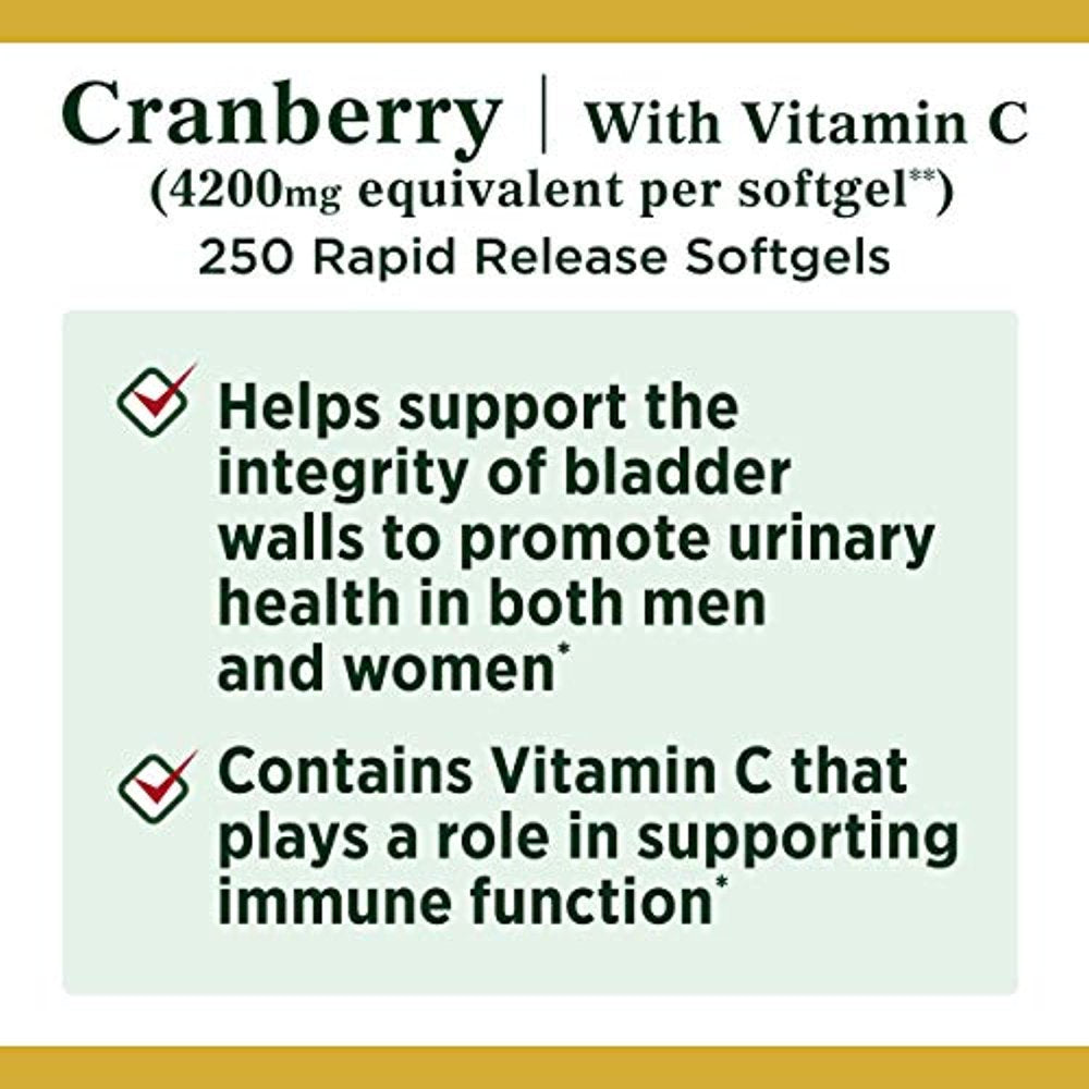 Cranberry Pills W/ Vitamin C by Natures Bounty, Supports Urinary & Immune Health, 4200Mg Cranberry Supplement, 250 Softgels
