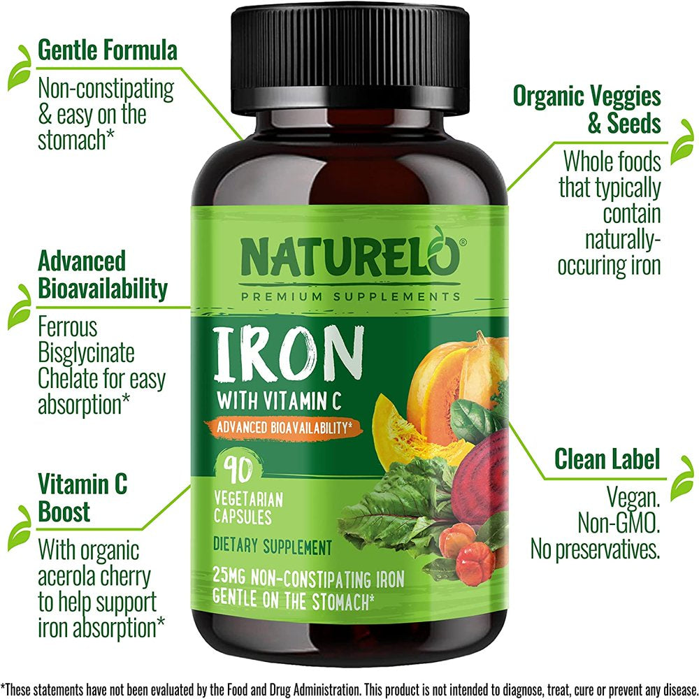 NATURELO Vegan Iron Supplement with Vitamin C and Organic Whole Foods - Gentle Iron Pills for Women & Men W/ Iron Deficiency Including Pregnancy, Anemia and Vegan Diets - 90 Mini Capsules