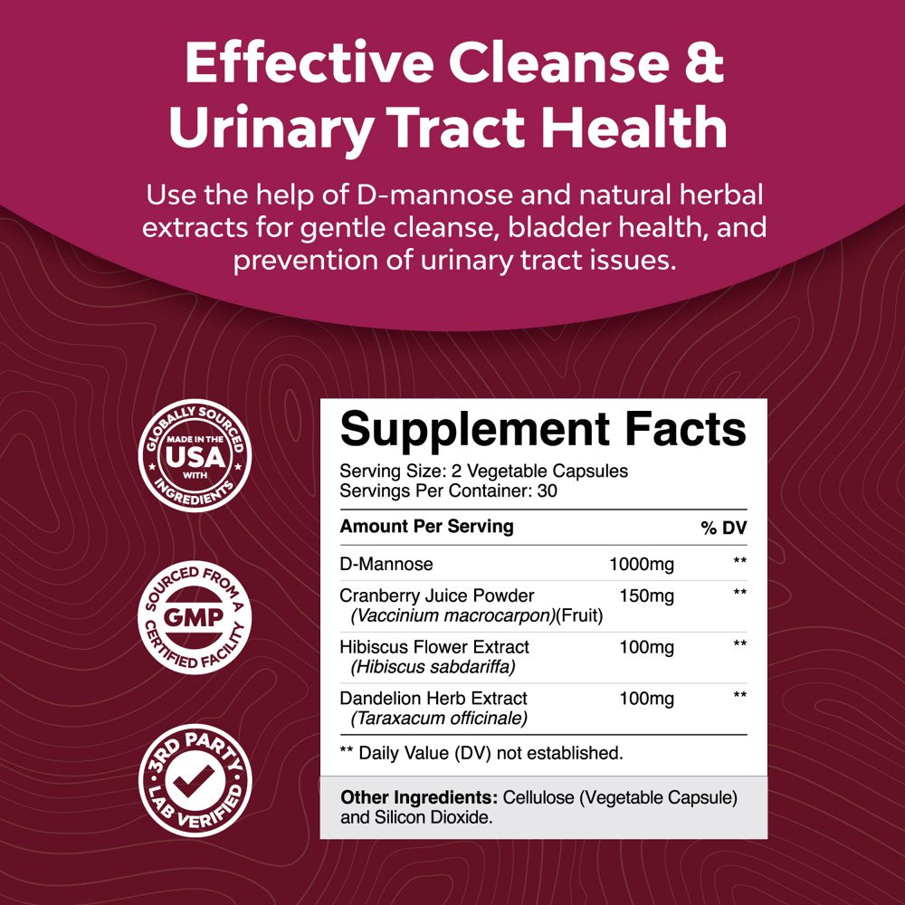 D Mannose with Cranberry Extract Capsules - D Mannose Capsules for Kidney Cleanse and Urinary Tract Health for Women - D-Mannose 1000Mg Capsules per Serving with Hibiscus & Dandelion (1 Month)