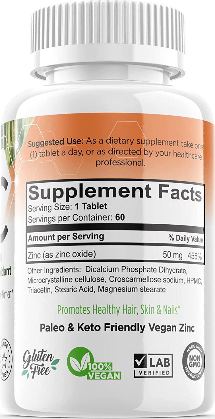 60 Zinc Supplements Specially Formulated for Sensitive Stomachs , Vitamins for Adults Daily Supplement by FORTE NATURALS Vegan 50mg, Non GMO, Easy to Swallow Zink Vitaminas