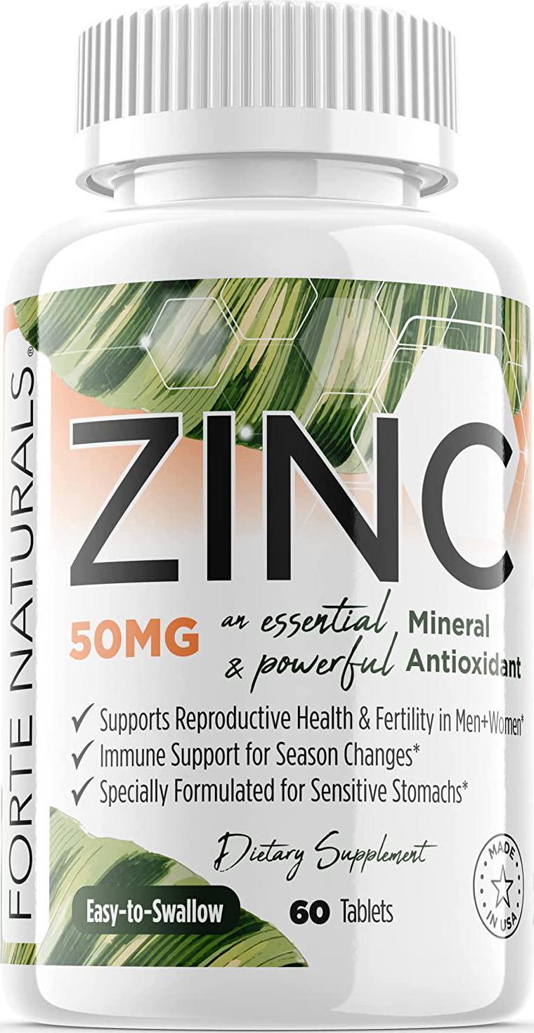 60 Zinc Supplements Specially Formulated for Sensitive Stomachs , Vitamins for Adults Daily Supplement by FORTE NATURALS Vegan 50mg, Non GMO, Easy to Swallow Zink Vitaminas