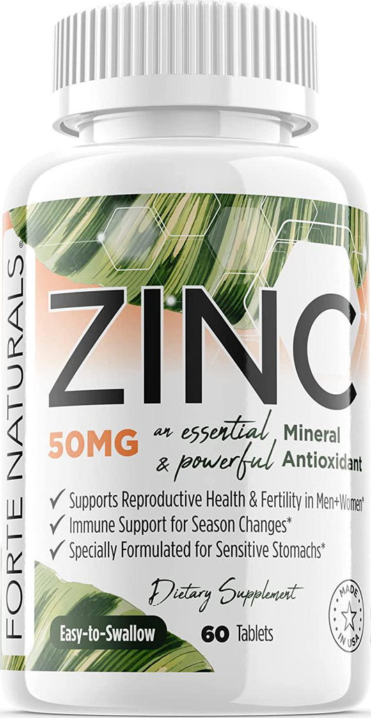 60 Zinc Supplements Specially Formulated for Sensitive Stomachs , Vitamins for Adults Daily Supplement by FORTE NATURALS Vegan 50mg, Non GMO, Easy to Swallow Zink Vitaminas