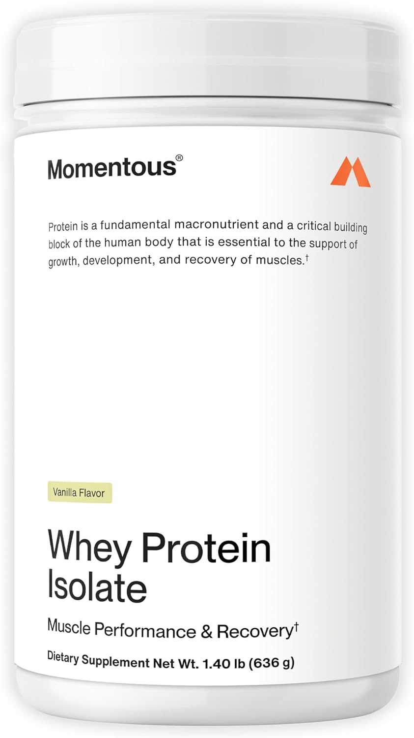Momentous Essential Grass-Fed Whey Protein Isolate, 24 Servings Per Pouch for Essential Everyday Use, Gluten-Free, NSF Certified (Vanilla)