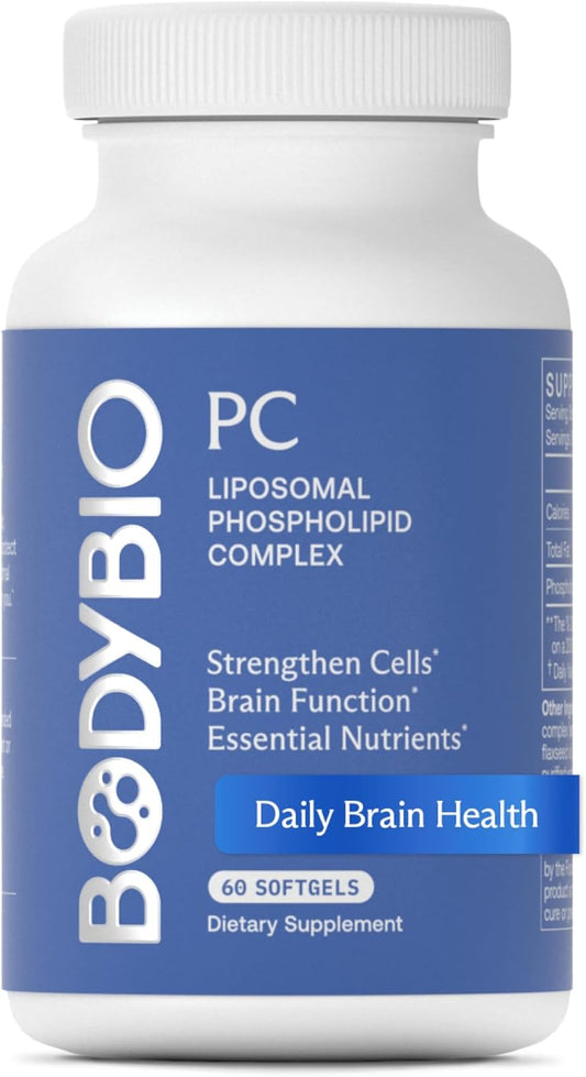 BodyBio - PC Phosphatidylcholine + Phospholipids - Liposomal for High Absorption - Optimal Brain and Cell Health - Boost Memory, Cognition, Focus and Clarity - 100% Non-GMO - 60 Softgels