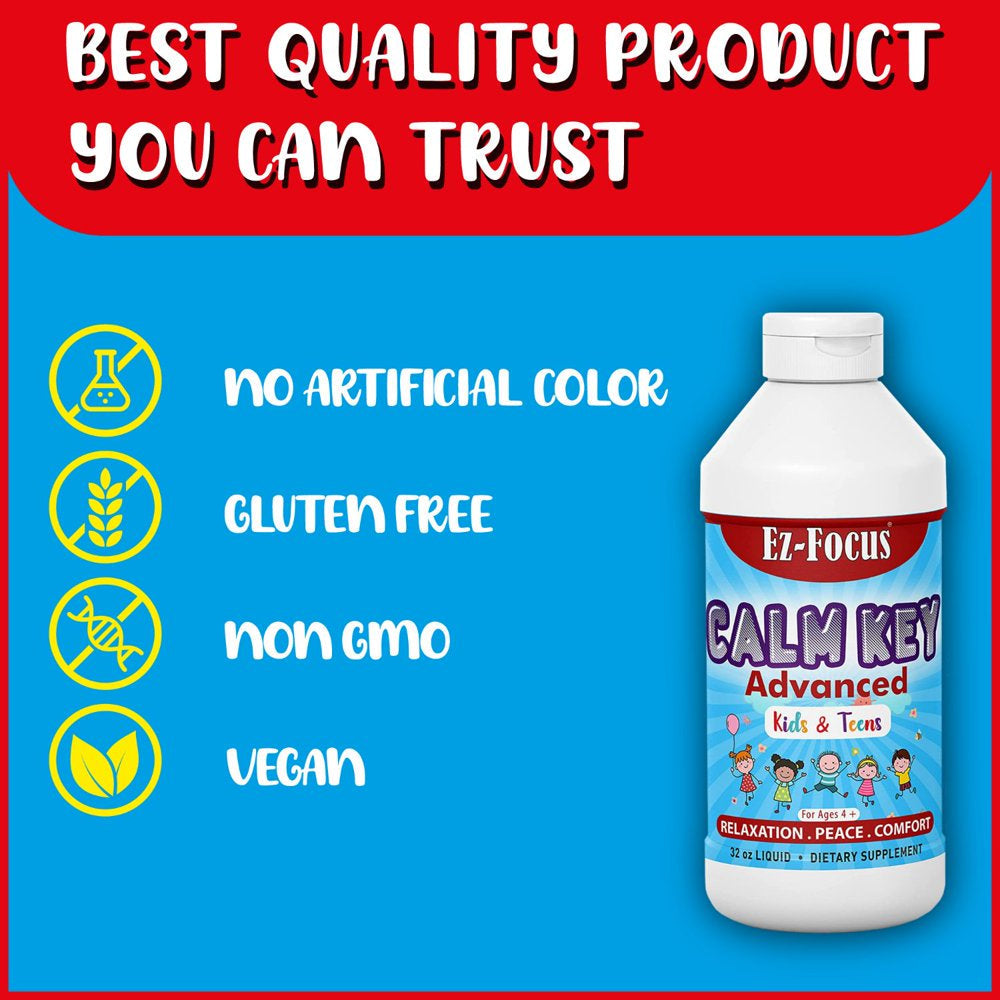 Calm Key Kids Calm Support Liquid Extract, Aid for Relaxation, Calmness, Sleep Support, Immune Support, Positive Mood, Non-Habit Forming Vegan, Sugar-Free by Ez-Focus