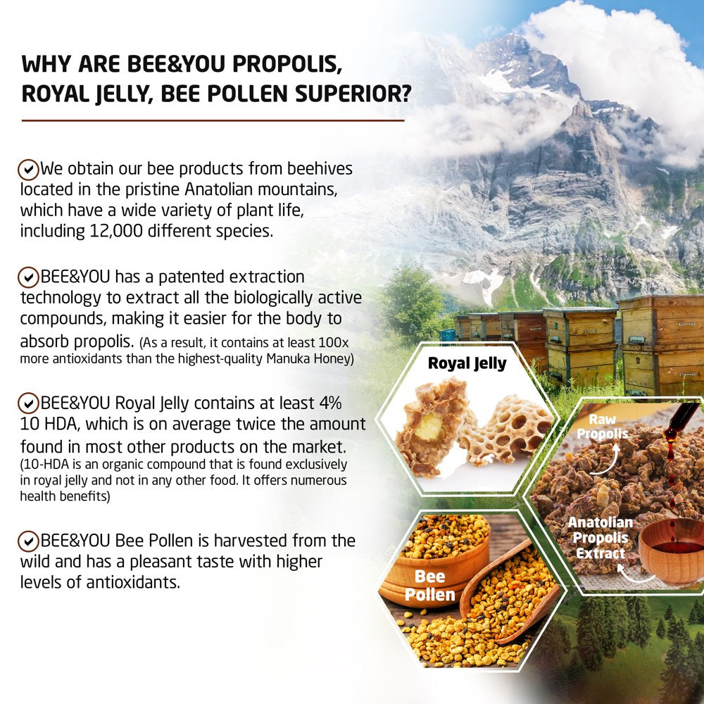 BEE and YOU Royal Jelly, Propolis Extract, Bee Pollen, 60Ct, 100% Natural Superfood, Ultra Pure, Immune Support Supplement, Antioxidants, Keto, Paleo, Gluten-Free, Stocking Stuffers, Gift Ideas