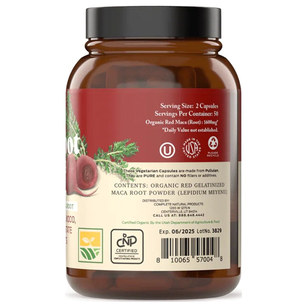Organic Red Maca Root Capsules - 800Mg 100 Gelatinized Pills, Pure Red Raw Maca Root Powder Supplement
