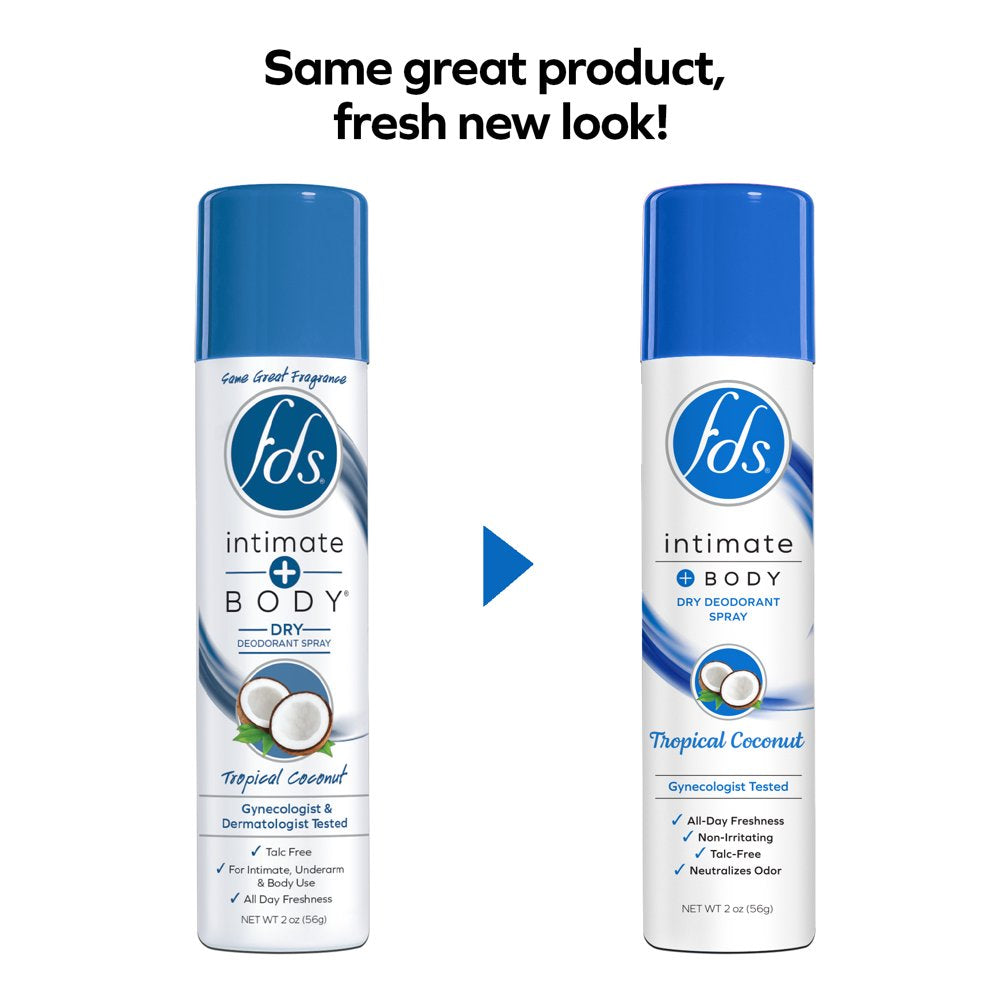 FDS Intimate + Body Dry Feminine Deodorant Spray, Tropical Coconut, 2 Oz