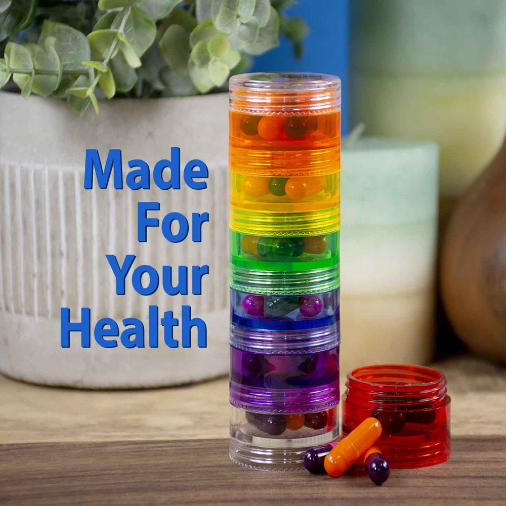 GMS 7 Day round Stackable Tritan Plastic Pill Case with Two Lids and Seven Adhesive Labels (Extra Small - Rainbow)