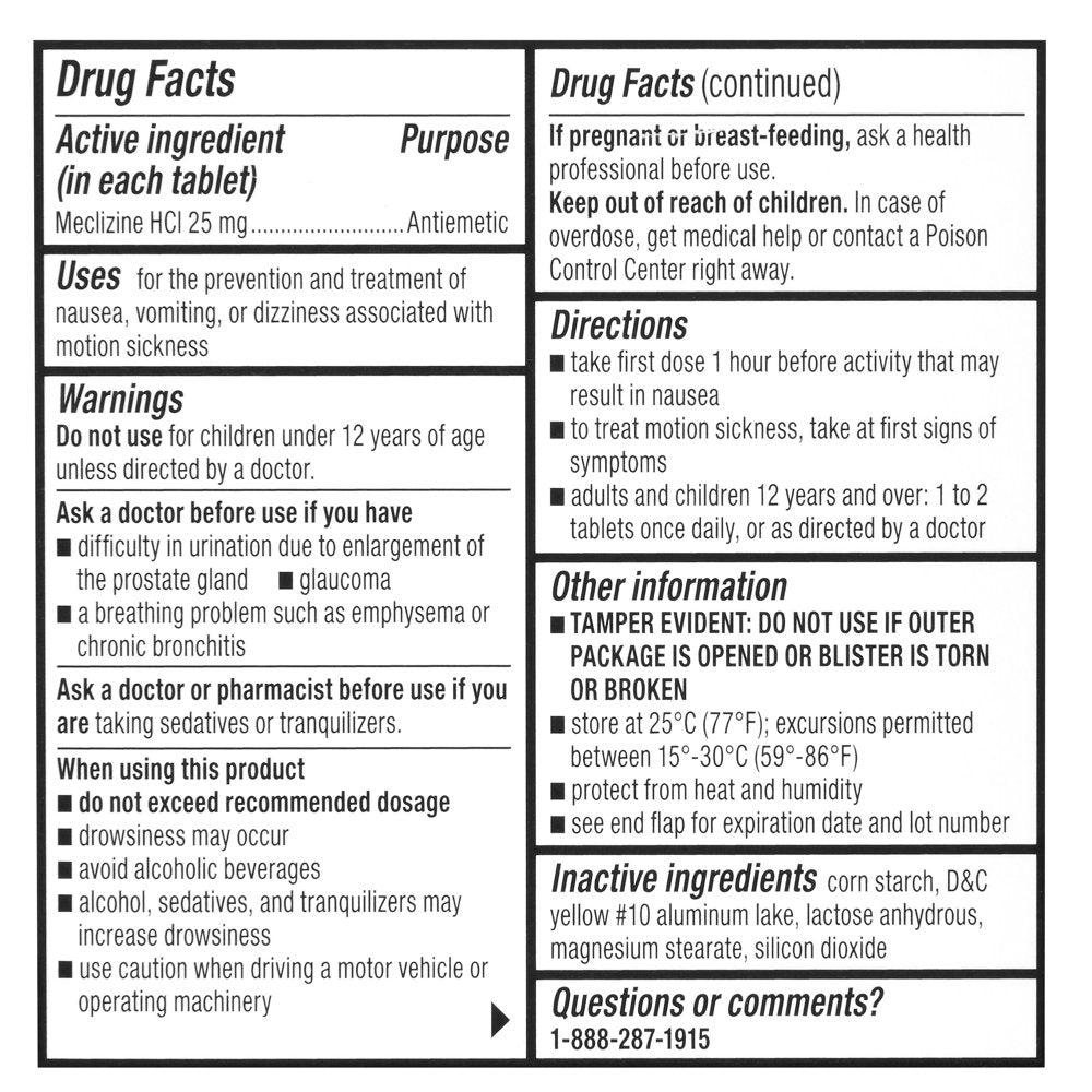 Equate Nausea Relief Meclizine Hcl Tablets, 25 Mg, 10 Count