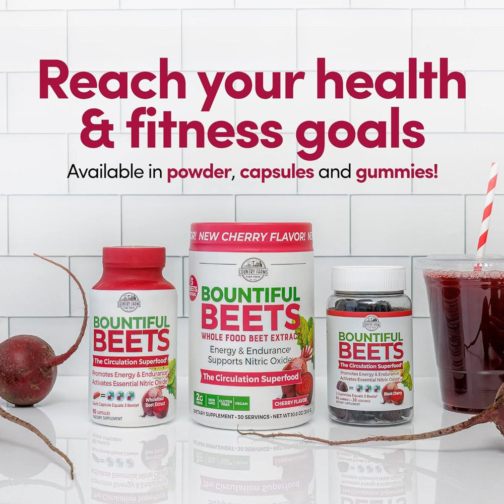 Country Farms Bountiful Beets, Delicious Cherry Flavor, the Circulation Superfood, Activates Essential Nitric Oxide, Natural Beet Extract, Boosts Energy and Endurance, 10.6 Oz, 30 Servings