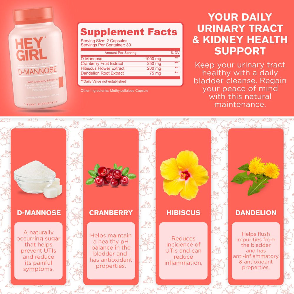 D Mannose Capsules with Cranberry Extract - Fast-Acting UTI Vitamin Supplement Pills - Cleanse & Flush Impurities - D-Mannose 60 Capsules
