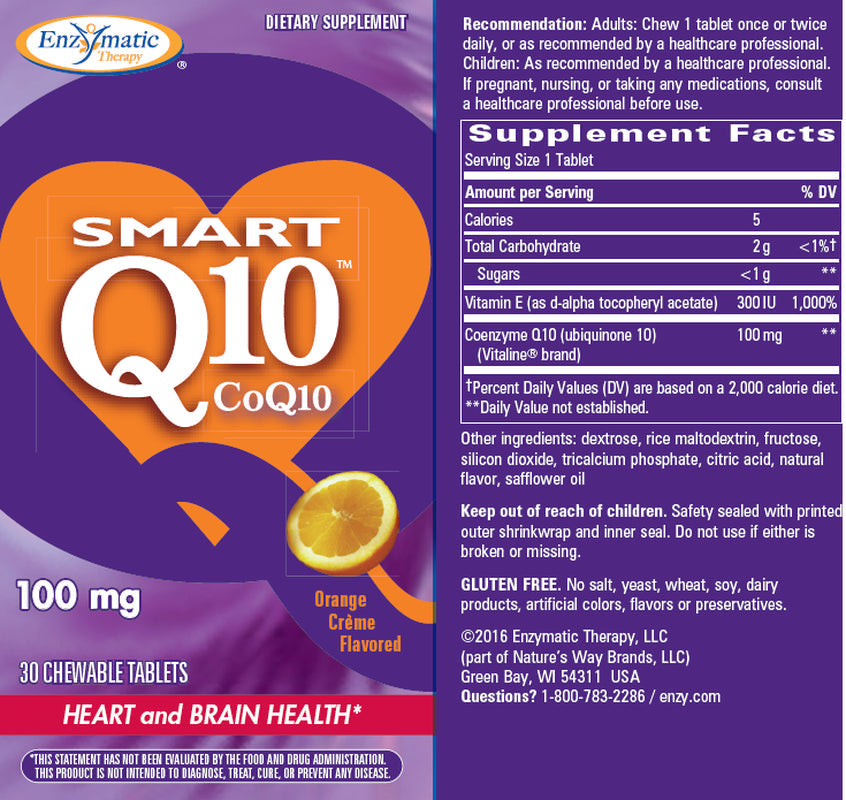 Enzymatic Therapy SMART Q10 Coq10 Chewable Tablets, Orange Créme, 30 Ct
