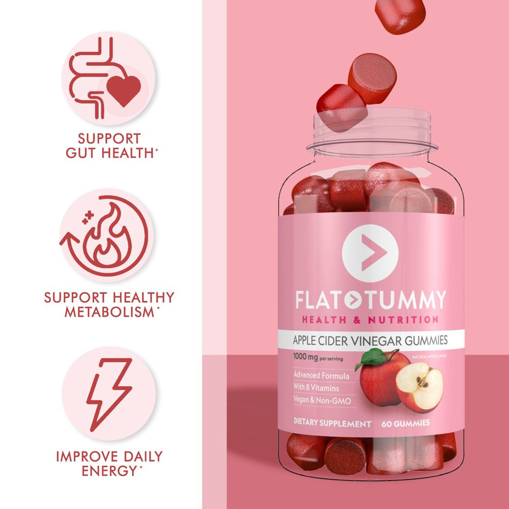 Flat Tummy Apple Cider Vinegar Gummies, 60 Count– Natural Energy, Detoxification, Gut Health Support