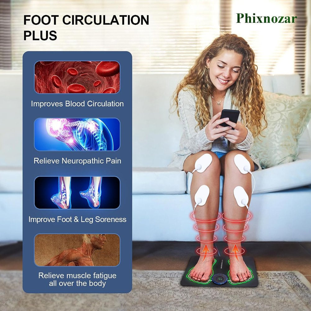 EMS Foot Massager Mat for Neuropathy-Foot Stimulator Massager with Remote Control, 2-In-1 Back Massager & Legs Foot Circulation Device for Pain Relief Fasciitis, Muscles Relaxation with 8 Pcs Pads