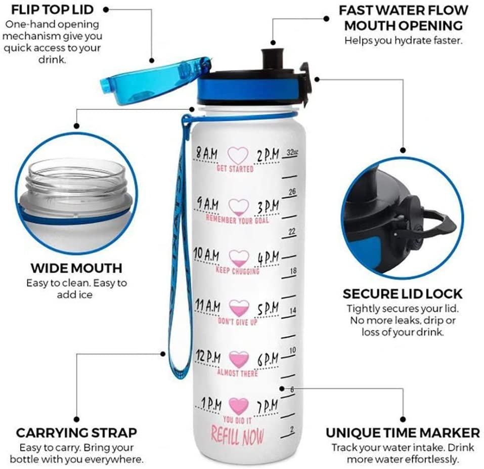 64HYDRO 32oz 1Liter Motivational Fitness Sports Water Bottle with Time Marker and Removable Strainer, Fast Flow, Flip Top Leakproof Durable BPA Free Non-Toxic for Fitness, Gym and Outdoor Sports - J
