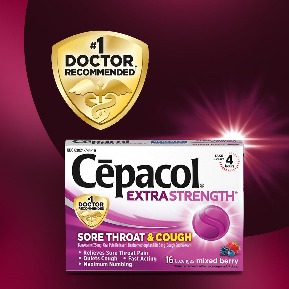 Cepacol Extra Strength Sore Throat & Cough Lozenges, Powerful Symptom Relief, Quiet Cough, Oral Pain Reliever, Mixed Berry Flavor, 16 Lozenges