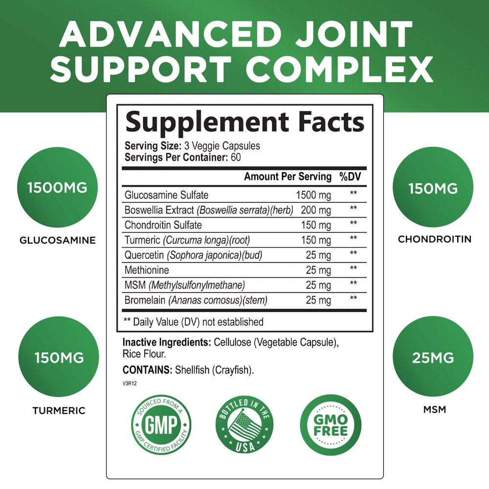 Glucosamine Chondroitin MSM Complex - Joint Support Supplement Turmeric & Boswellia, Triple Strength Glucosamine Capsules - Support for Joint Health & Mobility with Quercetin Bromelain - 180 Capsules