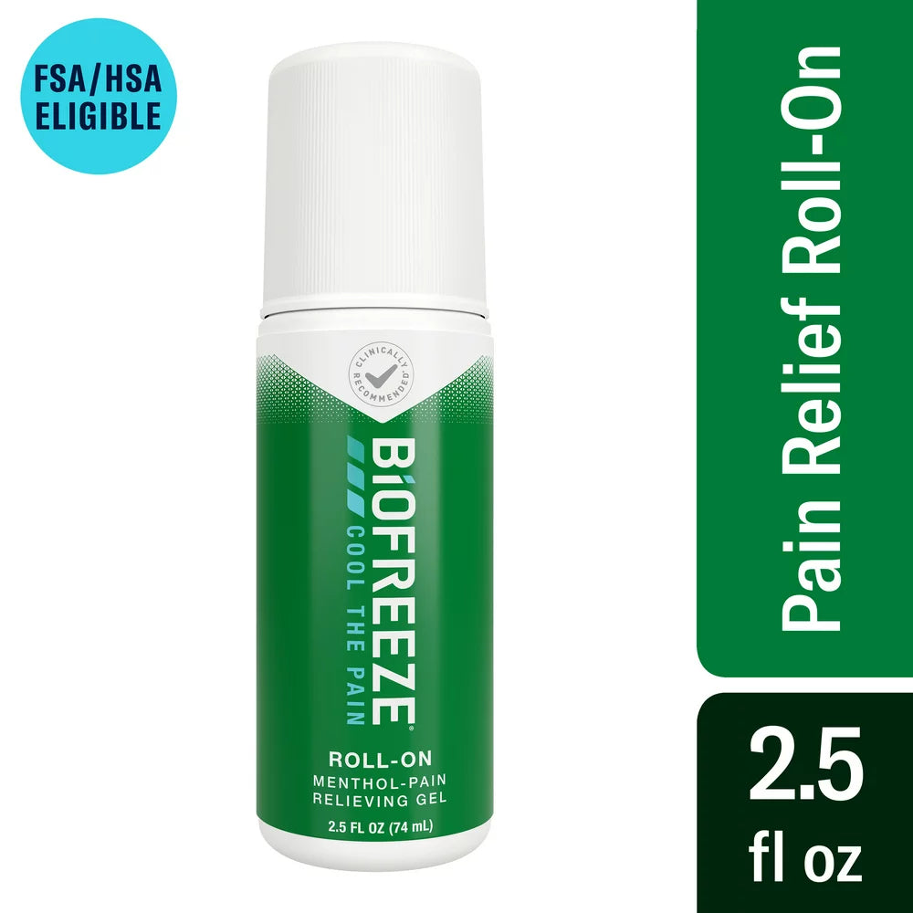 Biofreeze Roll-On Pain-Relieving Gel 2.5 FL OZ Green, Topical Pain Reliever for Aches and Pains of Muscles and Joints from Simple Backache, Arthritis, Strains, Bruises, & Sprains (Package May Vary)