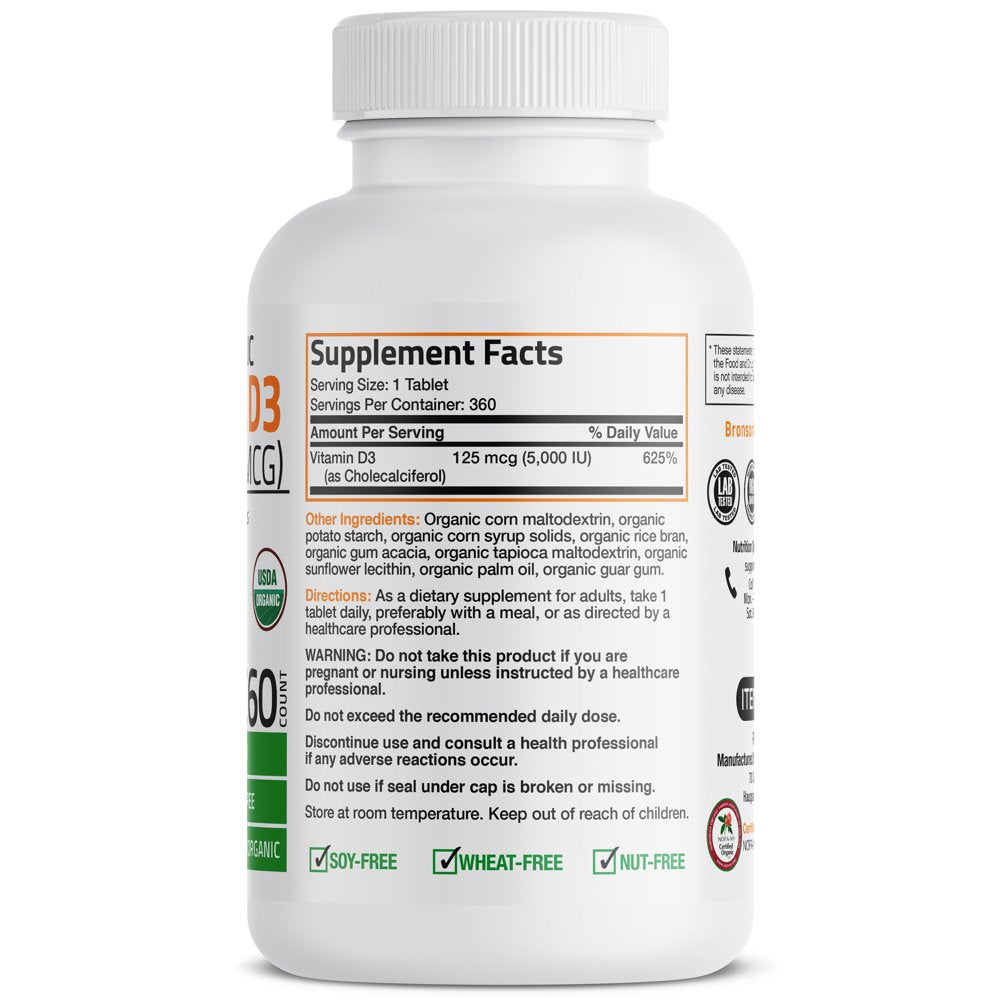 Bronson Vitamin D3 5000 IU Bone Health and Immune Support, USDA Certified Organic, Non-Gmo Gluten Free, 360 Tablets