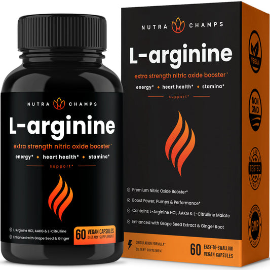 Nutrachamps Premium L Arginine Supplement | 5-In-1 Nitric Oxide Supplement | L-Arginine Powder & L Citrulline Enhanced with Grape Seed & Ginger | Energy, Blood Flow, Heart Health & Stamina | 60 Count