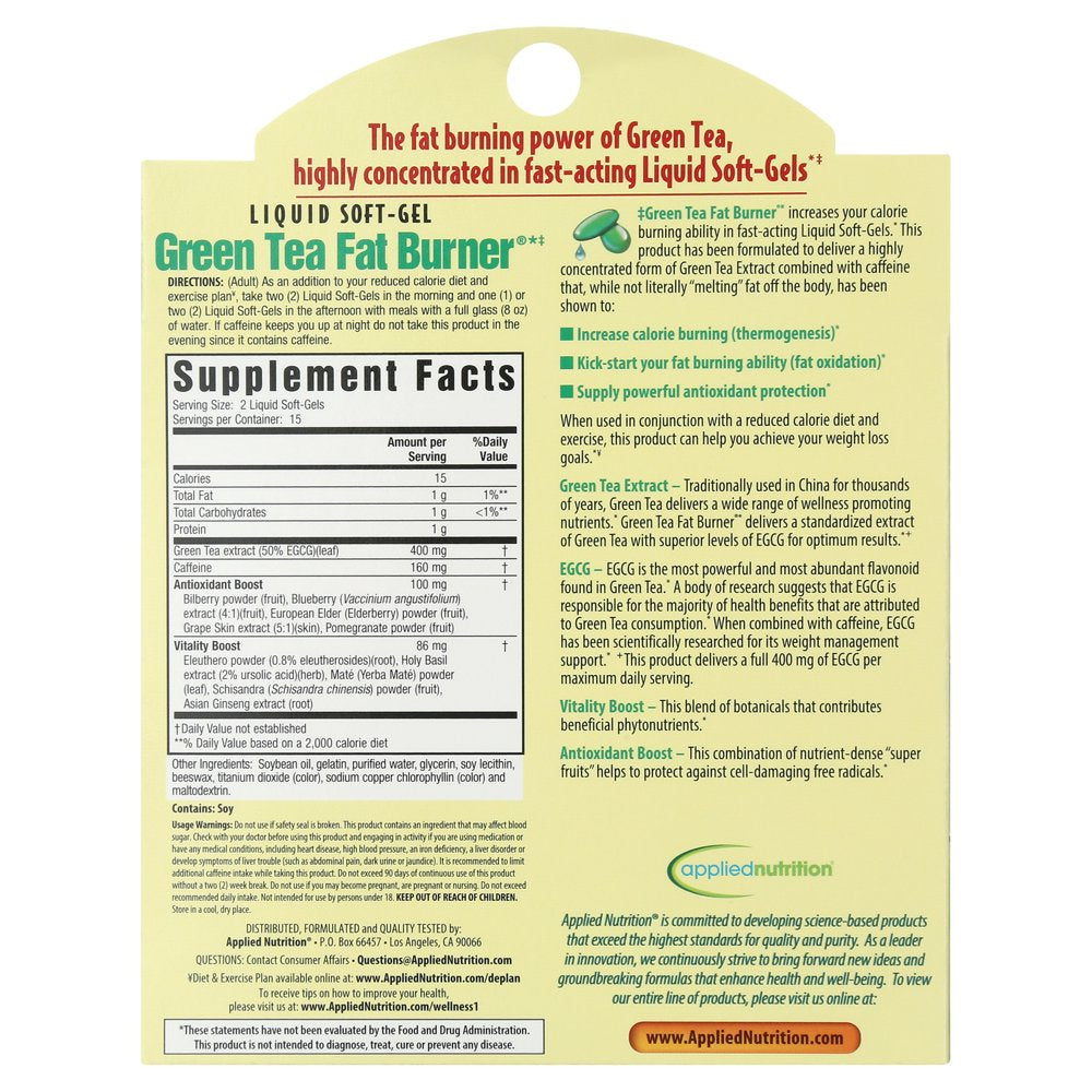 Applied Nutrition Green Tea Fat Burner Weight Loss Pills, 30 Ct