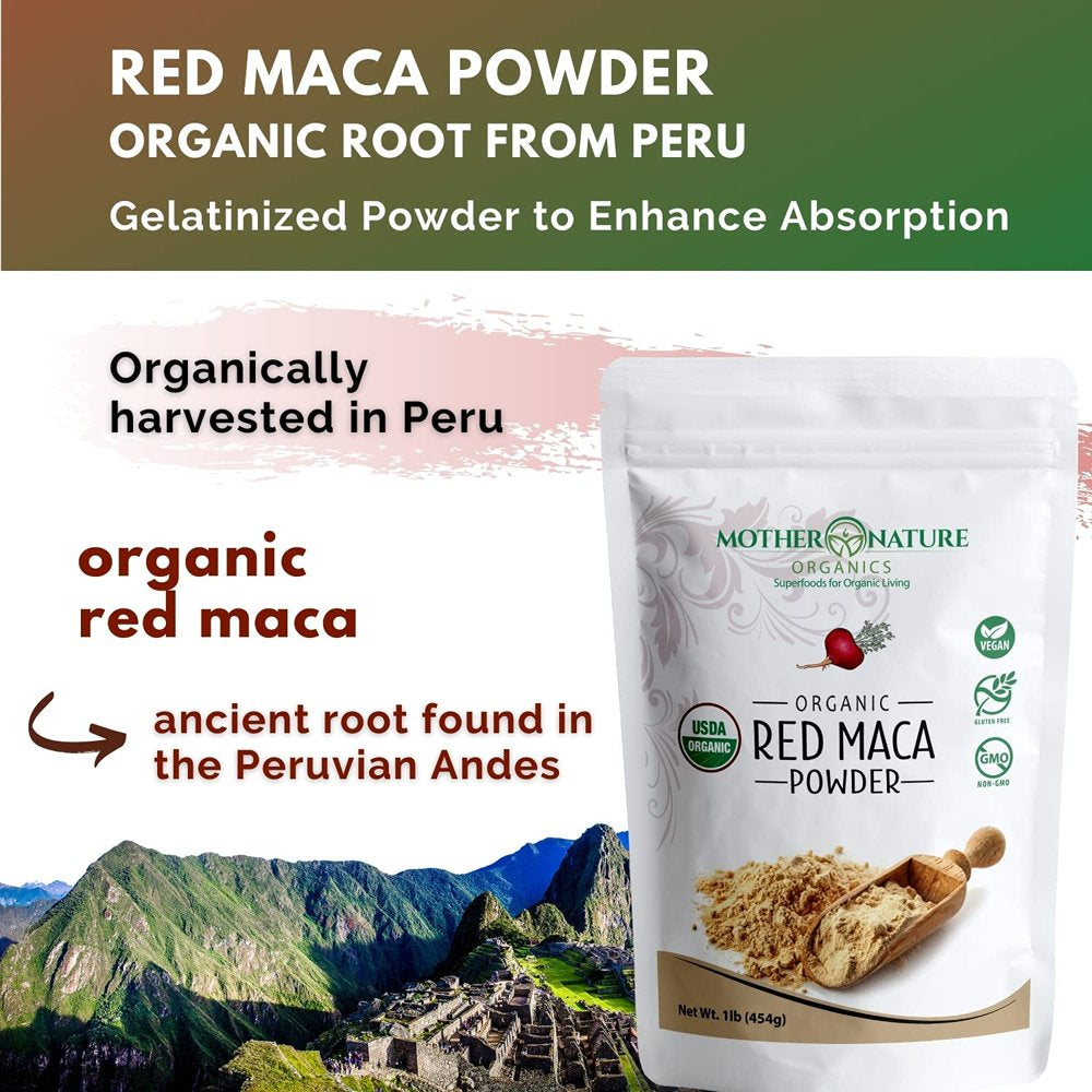 Red Maca Root Powder for Men & Women | 100% Organic, Vegan, Gluten-Free, and Non-Gmo | Pre Workout, Muscle Mass Gainer Recovery, Energy Drink Powder, Hormone Balance, Prostate Supplements - (16 Oz)