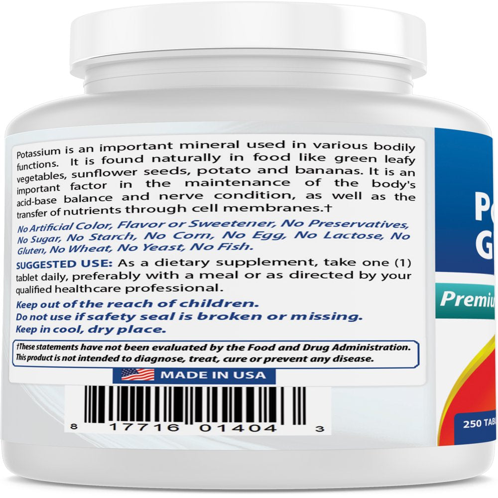 Best Naturals Potassium Gluconate Supplement 595 Mg 250 Tablets