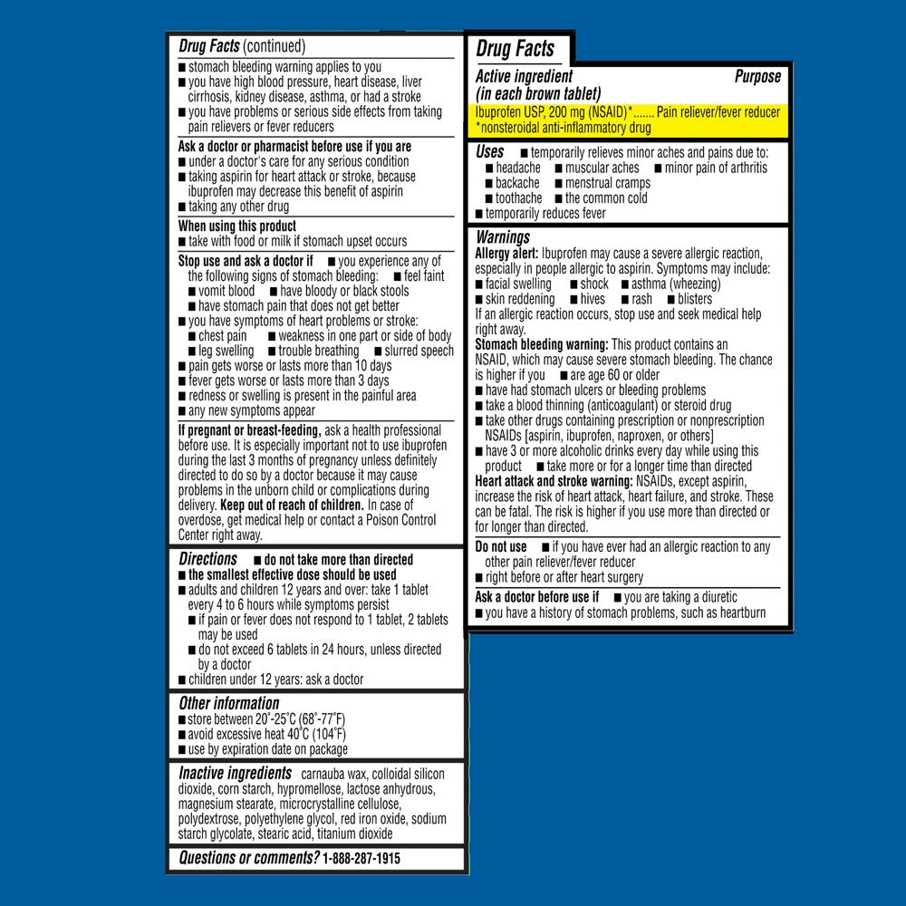 Equate Ibuprofen Pain Reliever/Fever Reducer Coated Tablets, 200Mg, 100 Count