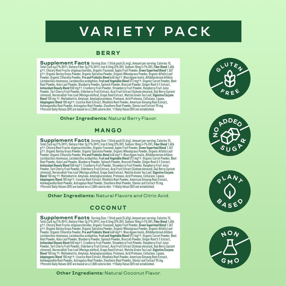 Bloom Nutrition Greens & Superfoods Powder Sticks, Mango, Berry, and Coconut, 12 Count