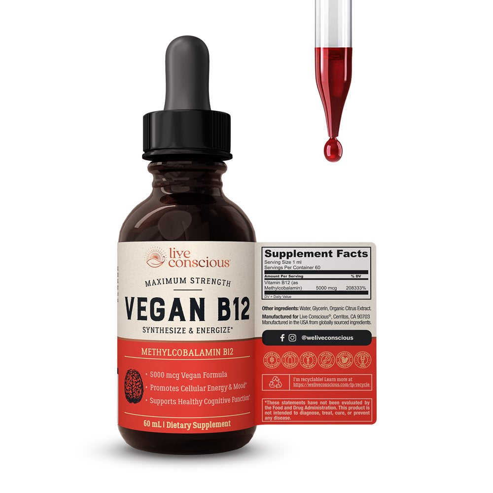 Live Conscious Vegan B12 Sublingual Drops, 5000 Mcg, 60 Servings